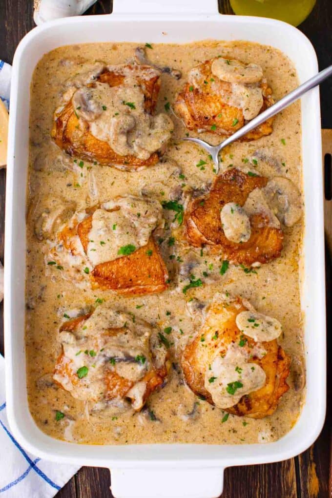 creamy chicken and mushroom casserole made with chicken thighs