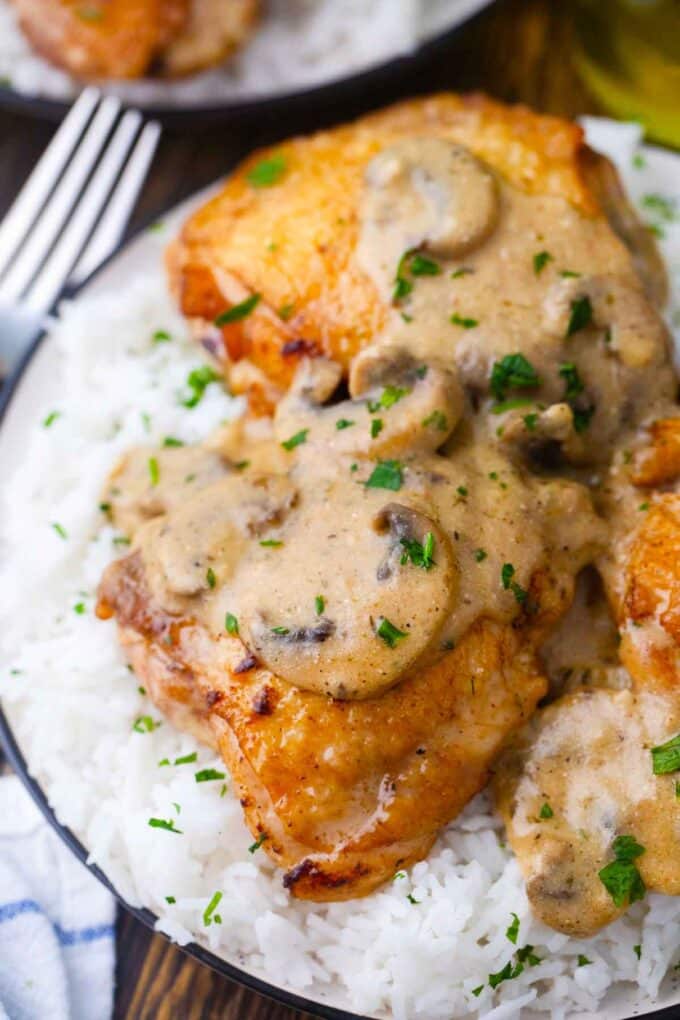 creamy chicken and mushroom casserole served on top of rice