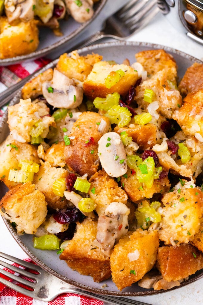 Close shot of crockpot stuffing with veggies and cranberries.
