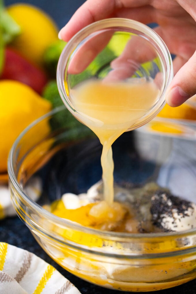 Making creamy lemon poppy seed dressing.