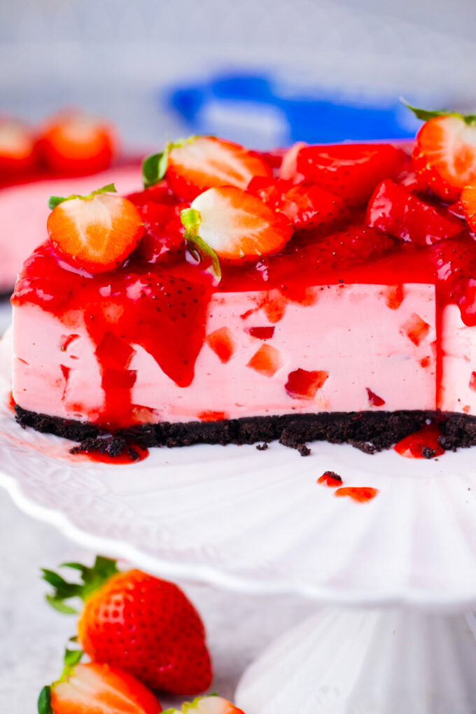 No-bake strawberry cheesecake with strawberry topping.