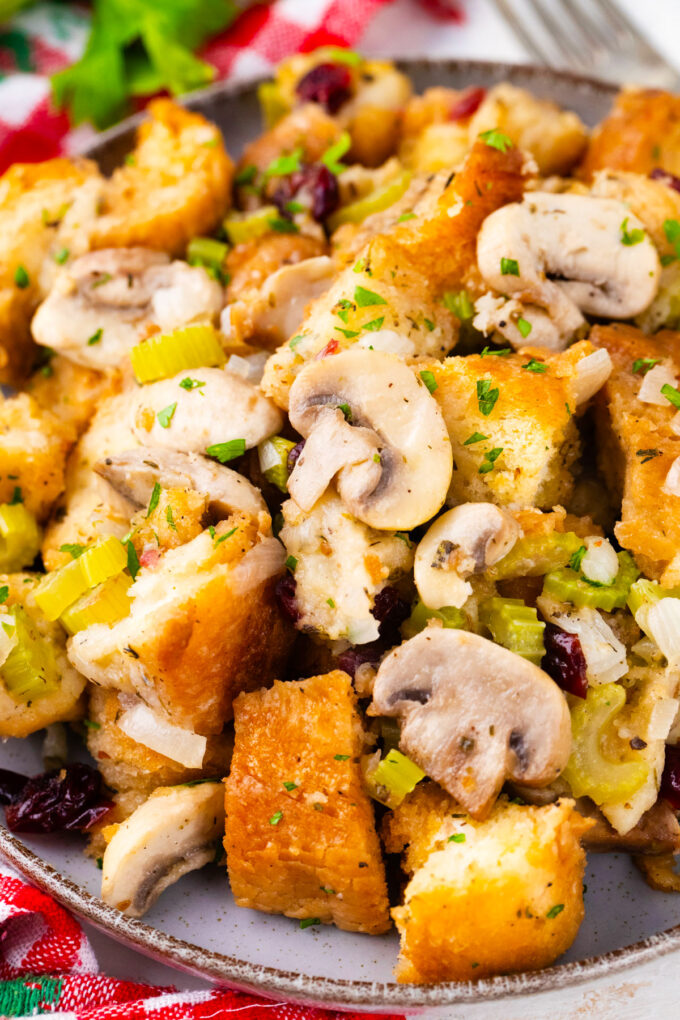 Close shot of slow cooker stuffing with veggies and cranberries.