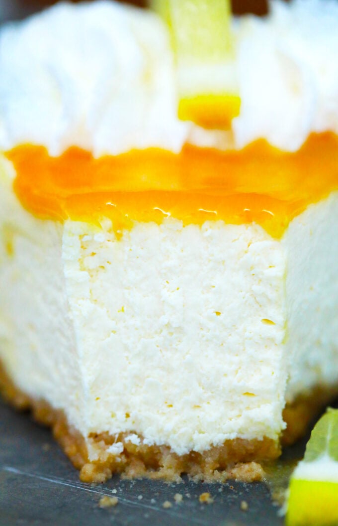 A slice of very decadent Instant Pot Meyer lemon cheesecake.