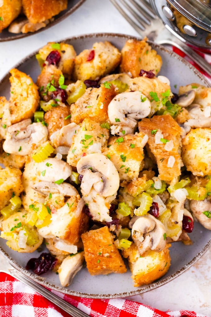 Overhead shot of stuffing with veggies and cranberries.