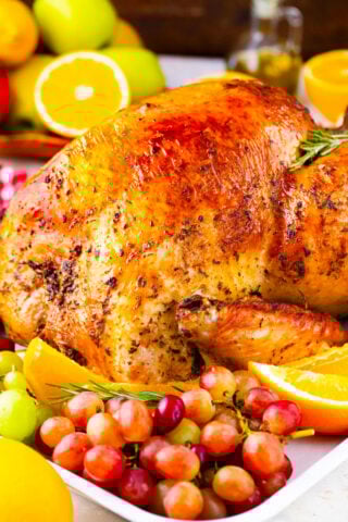 Perfectly browned oven roasted whole turkey.