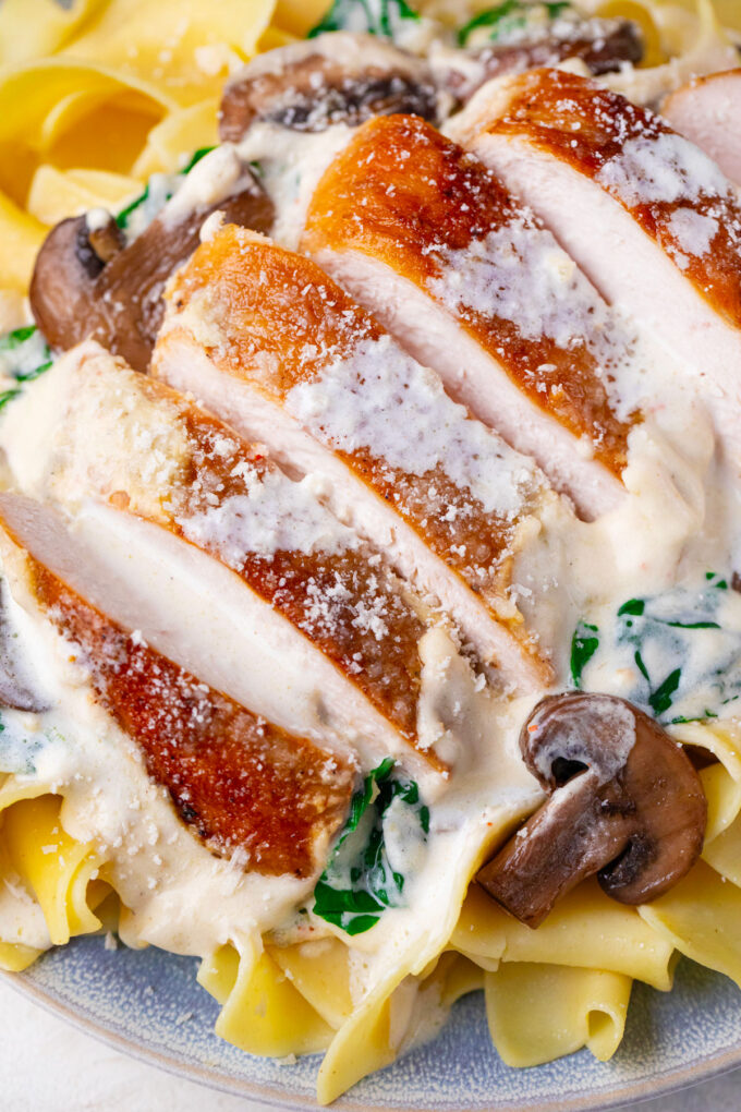 Close shot of creamy parmesan mushroom chicken.
