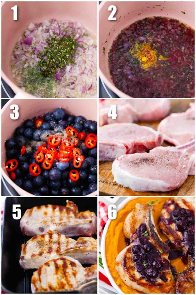 collage of six photos showing how to make blueberry pork chops