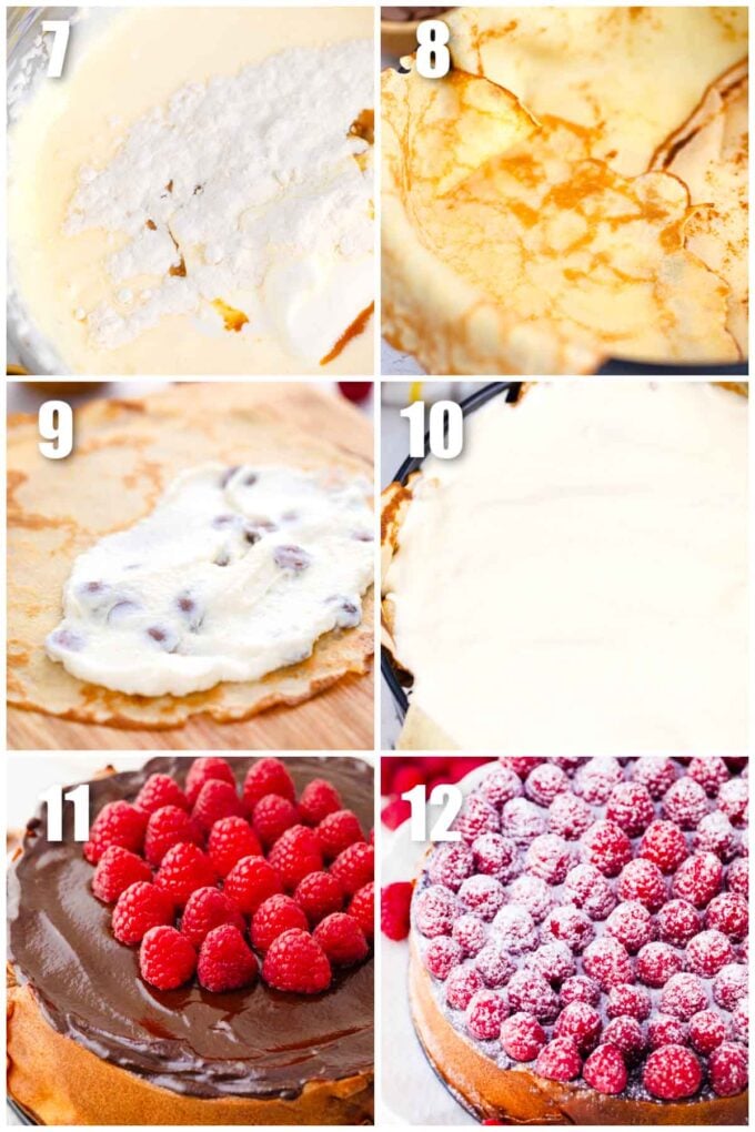 collage of how to make how to make crepe stuffed new york cheesecake