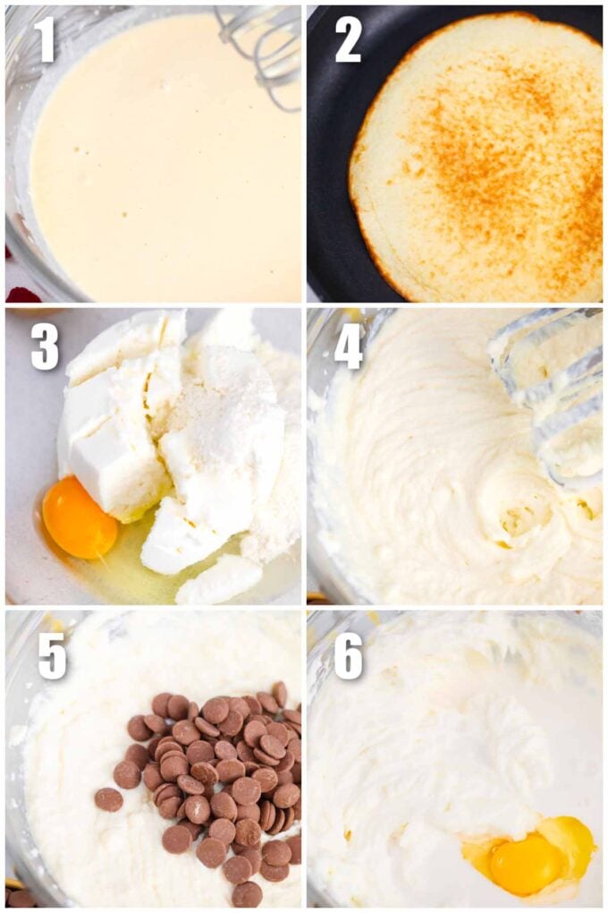 collage of how to make crepes and cheesecake filling