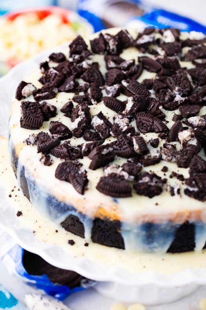 Overhead shot of Instant Pot Oreo cheesecake topped with chopped Oreos.