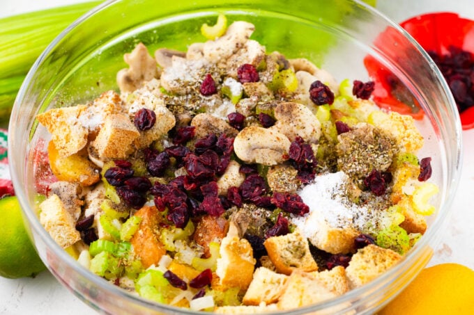 Slow cooker stuffing ingredients in a bowl.