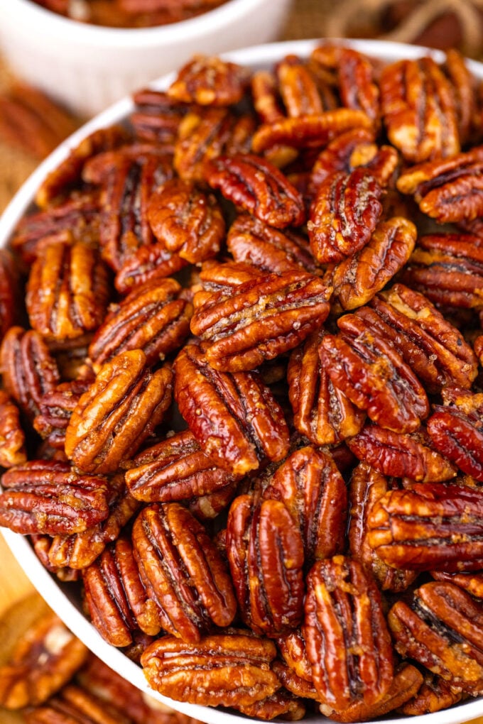 A bowl of candied pecans.
