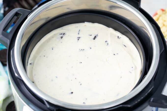 Instant Pot Oreo cheesecake before pressure cooking it.
