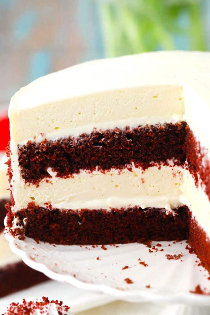 sliced red velvet cheesecake cake