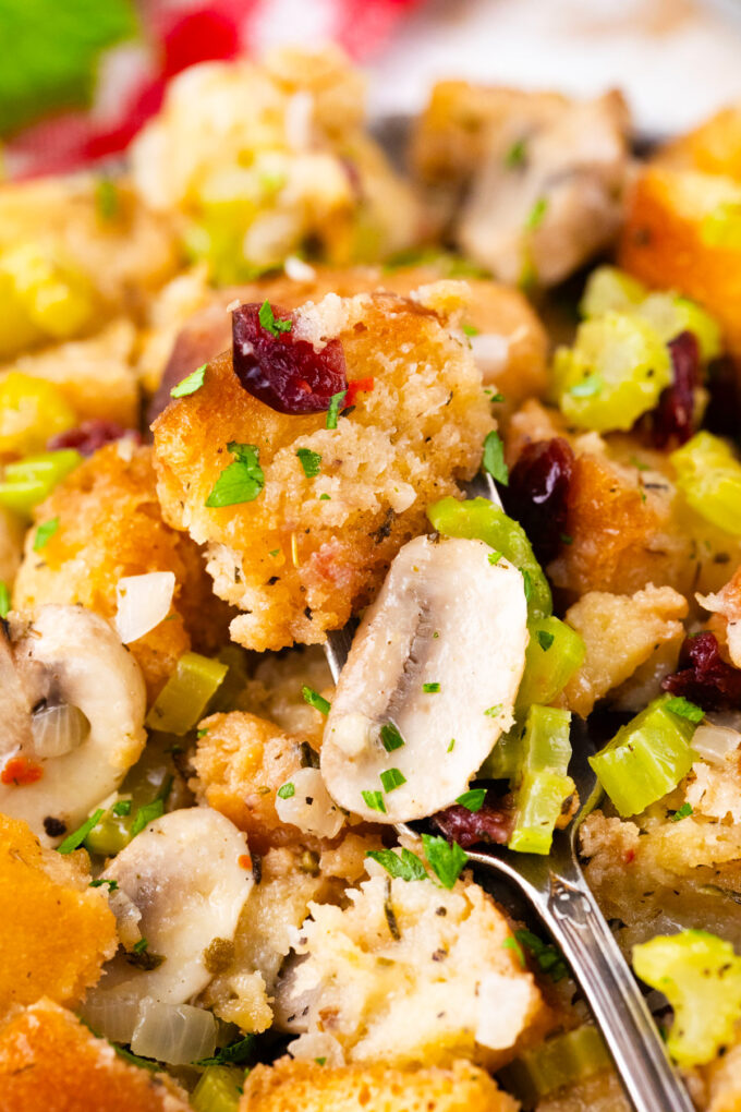 A spoonful of tender, moist, and crisp crockpot stuffing.