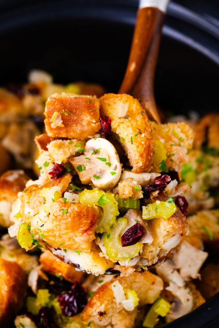A ladle of crisp slow cooker stuffing.