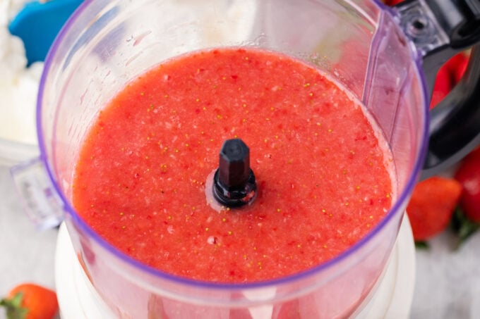 Strawberry puree in a blender.