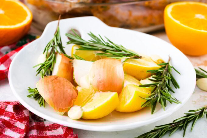 Fruits, veggies, and herbs for stuffing a turkey,