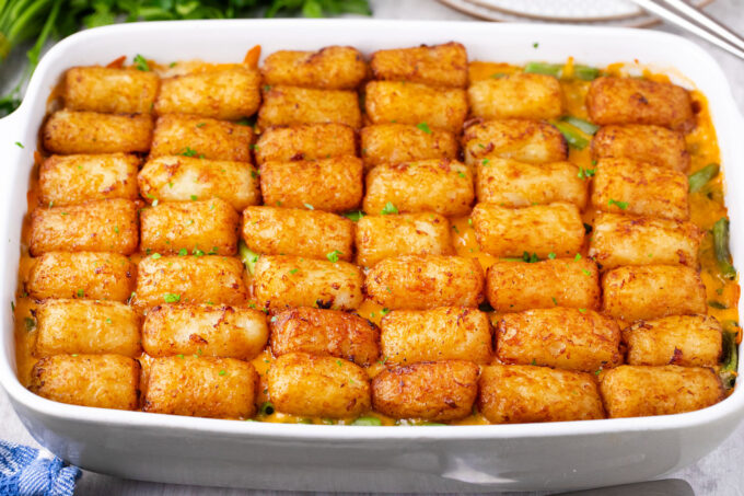 Golden brown homemade tater tot casserole.