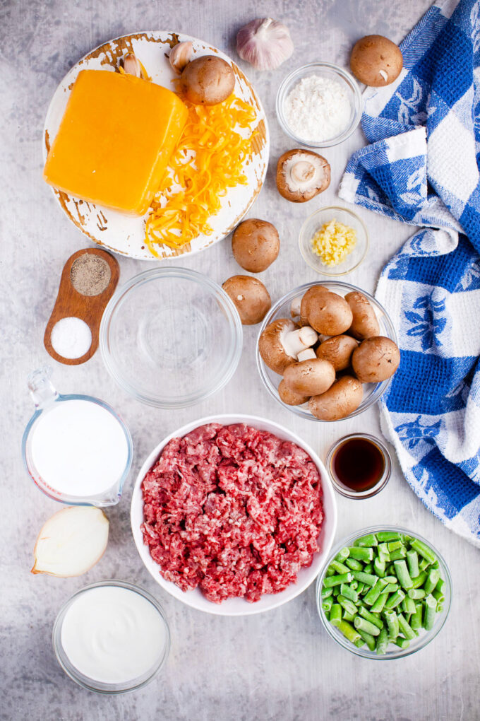 Overhead shot of homemade tater tot casserole ingredients.