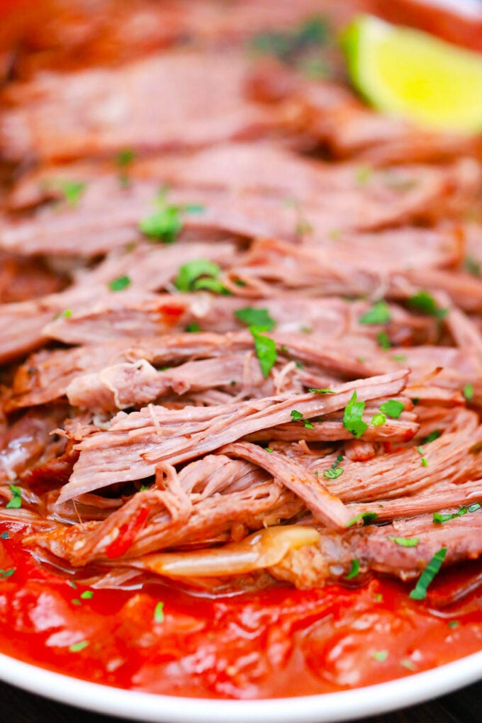 Very tender Mexican pot roast in tomato based sauce.