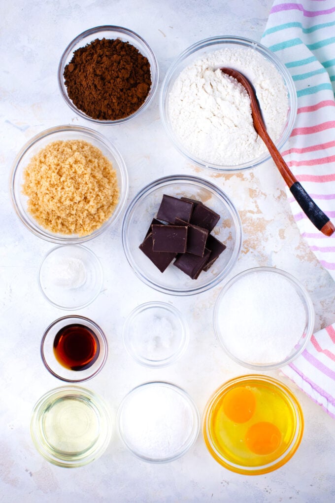 Overhead shot of chocolate crinkle cookies recipe ingredients.