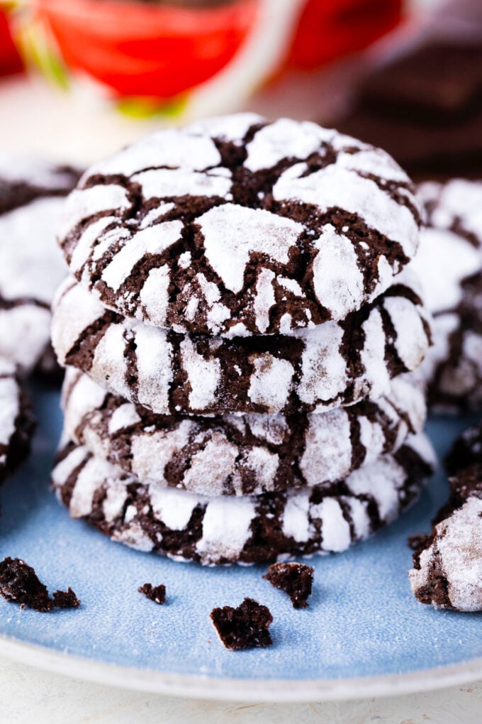 Stack of chocolate crinkle cookies.