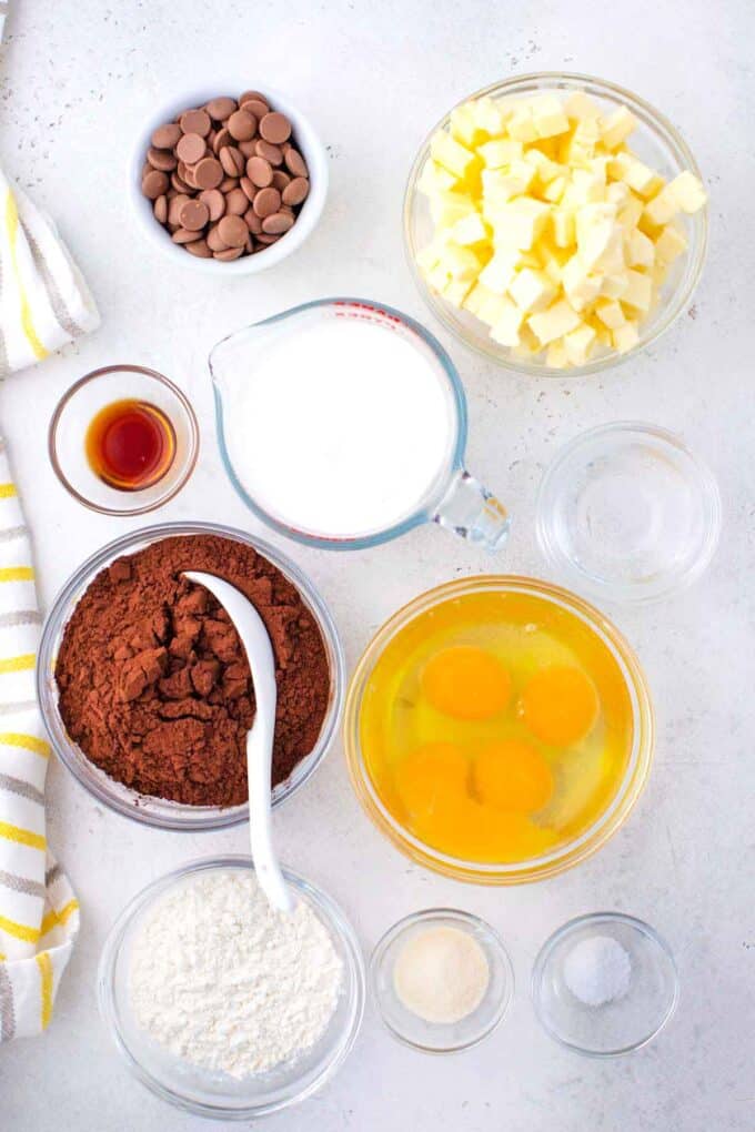 chocolate mousse brownies ingredients in bowls on a table