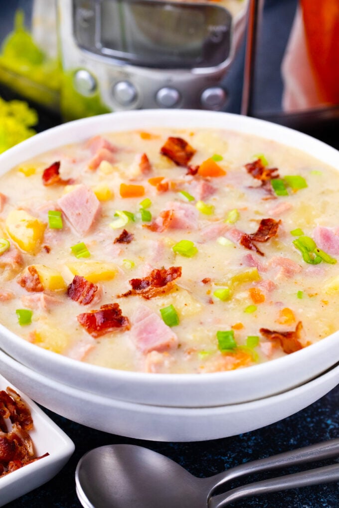 Crockpot ham and potato soup with bacon.