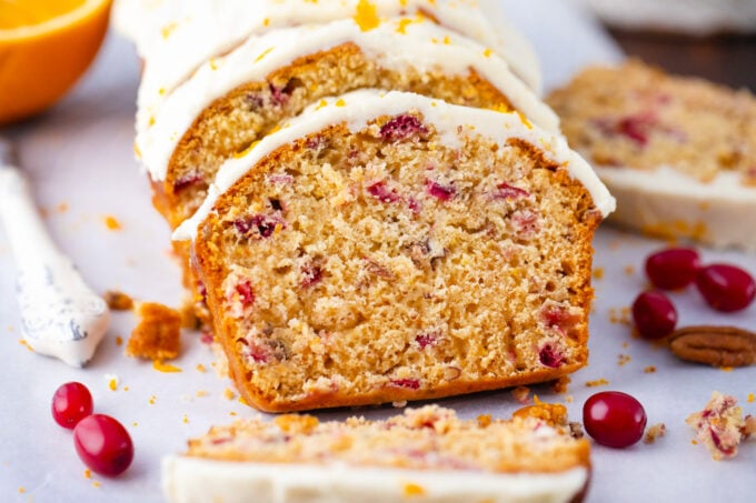 A loaf of homemade cranberry bread.