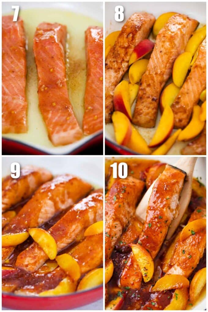 collage of photos showing how to make one pan peach salmon