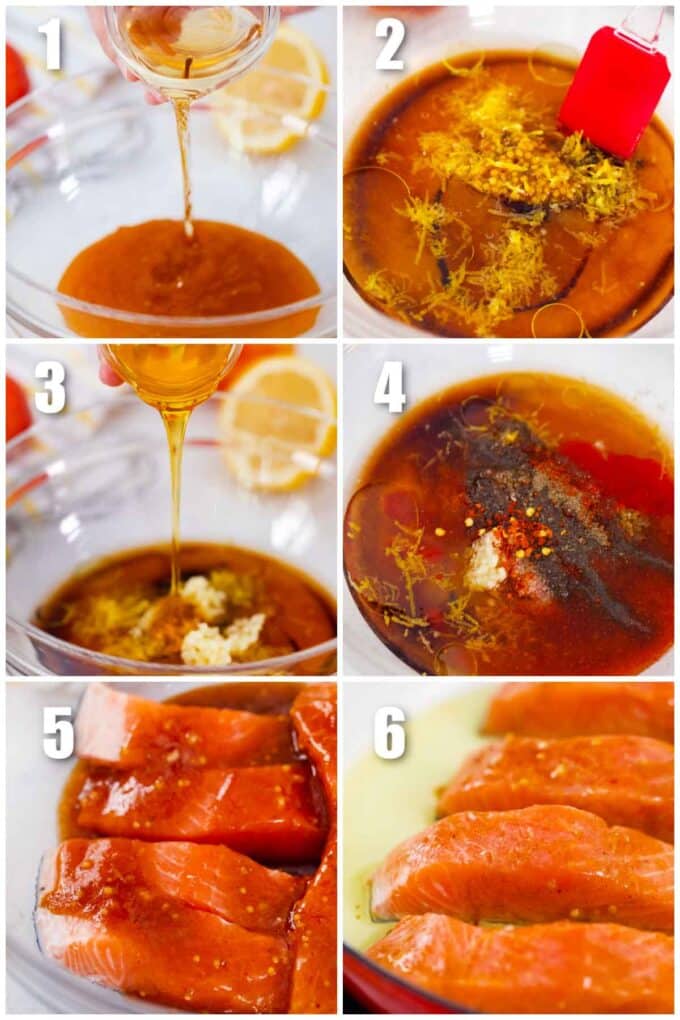 collage of photos showing how to make the marinade for peach salmon