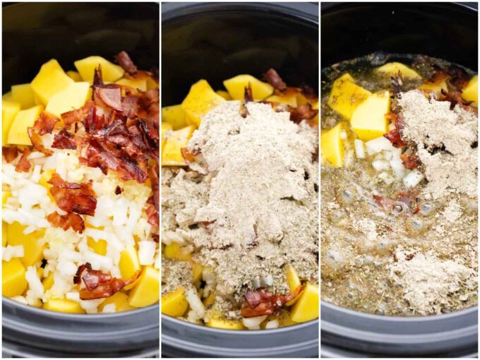 adding bacon ranch potatoes bacon and broth to the slow cooker