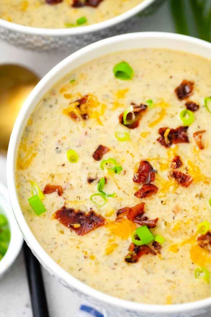 crockpot bacon ranch potato soup topped with chopped crispy bacon