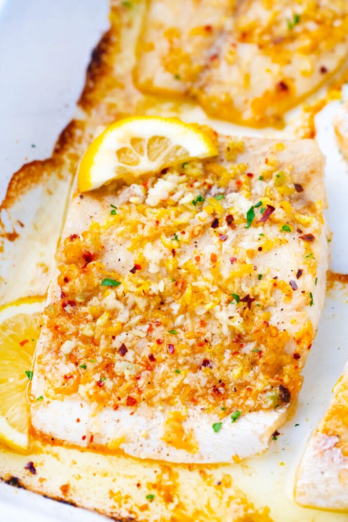 Perfectly baked lemon garlic tilapia filets.