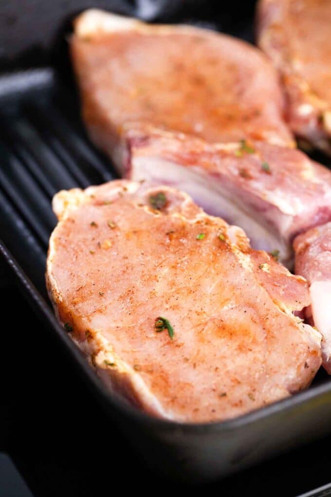 grilling bone-in pork chops on a grill pan