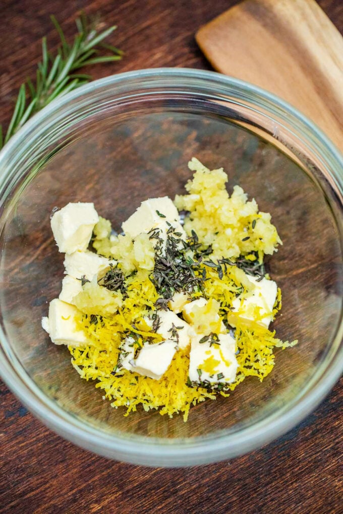 Lemon herb butter ingredients in a bowl.