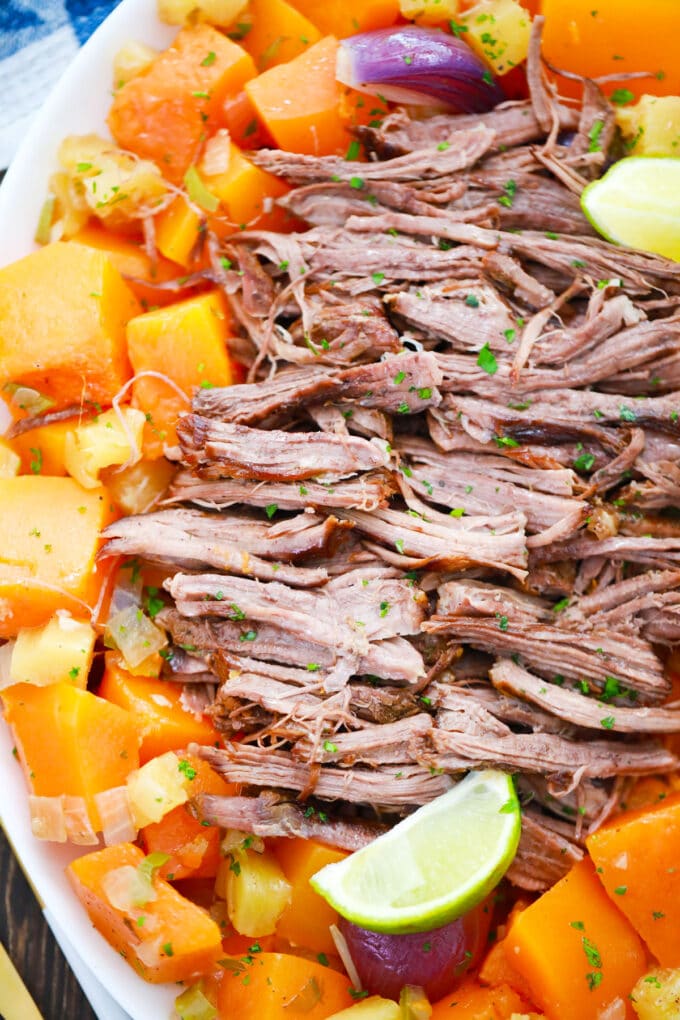 Shredded tender pumpkin pot roast with pumpkin and pineapple.