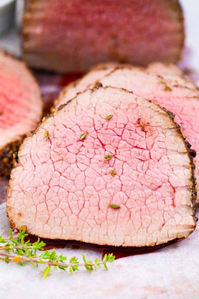 perfectly cooked wine roasted beef tenderloin