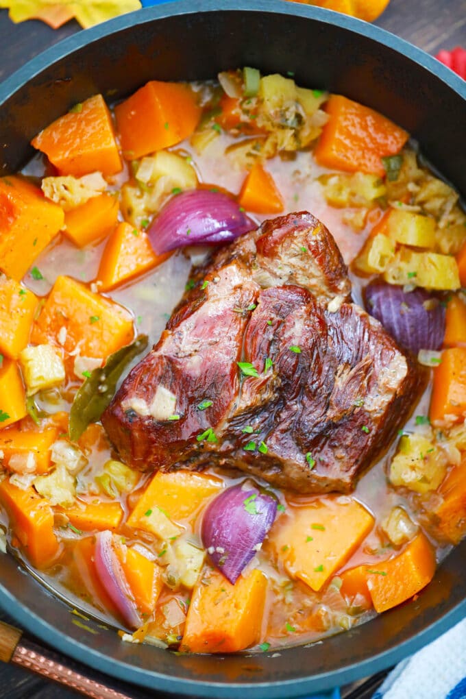Tender pumpkin pot roast with onion, pineapple, and pumpkin.