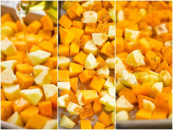 seasoning apple and pumpkin cubes on a baking sheet