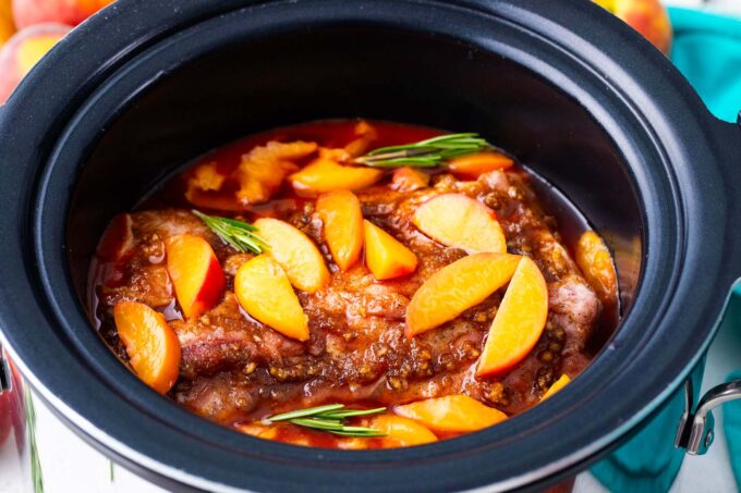 Slow cooker peach pork before cooking.