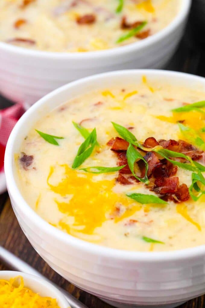 bowls of creamy crockpot baked potato soup