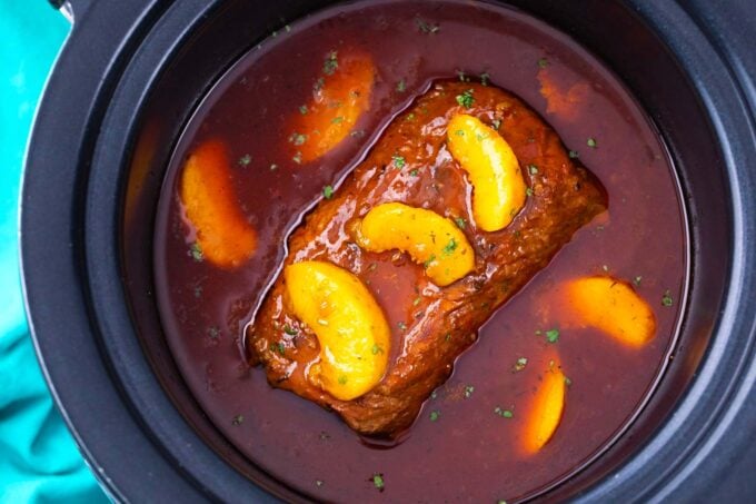 Overhead shot of slow cooker peach pork loin.