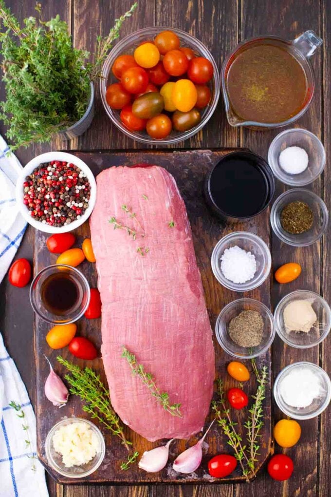 wine roasted beef tenderloin ingredients in bowls on a table