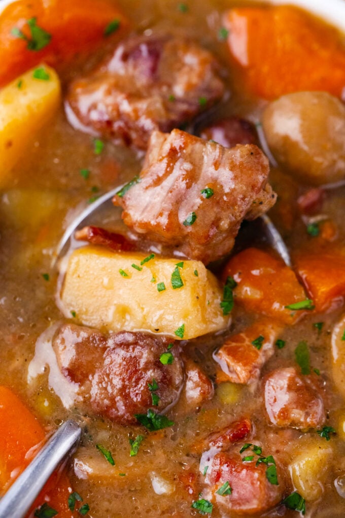Macro shot of juicy instant pot lamb stew.