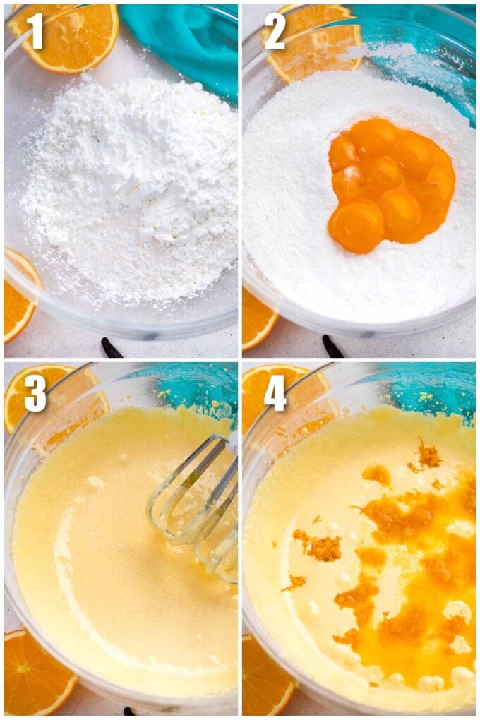 collage of steps how to make orange custard