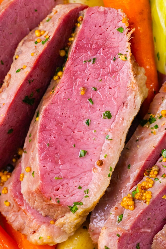 Sliced, juicy, homemade slow cooker corned beef