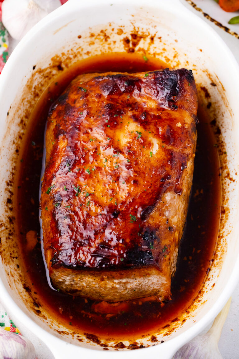 Overhead shot of brown sugar roasted pork loin.