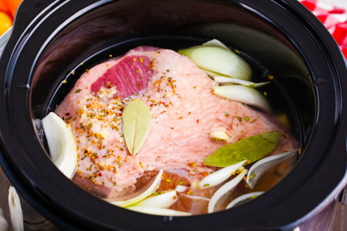 Corned beef in the slow cooker.